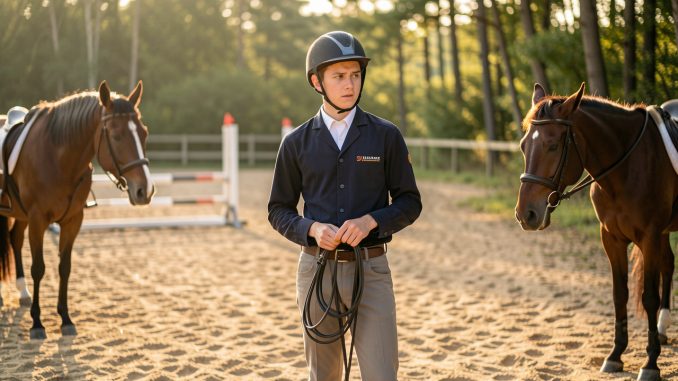 Jeune cavalier hesitant dans une carrière, près de plusieurs chevaux calmes, entre l’entraînement au saut, le dressage et une balade au chemin bordé d’arbres.