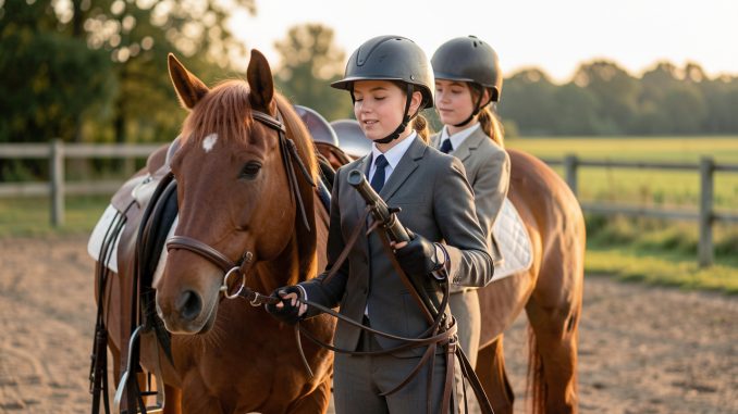Jeune cavalière guide un cheval calme dans une carrière en plein air, casque de protection, ambiance pédagogique naturelle d’un centre équestre.